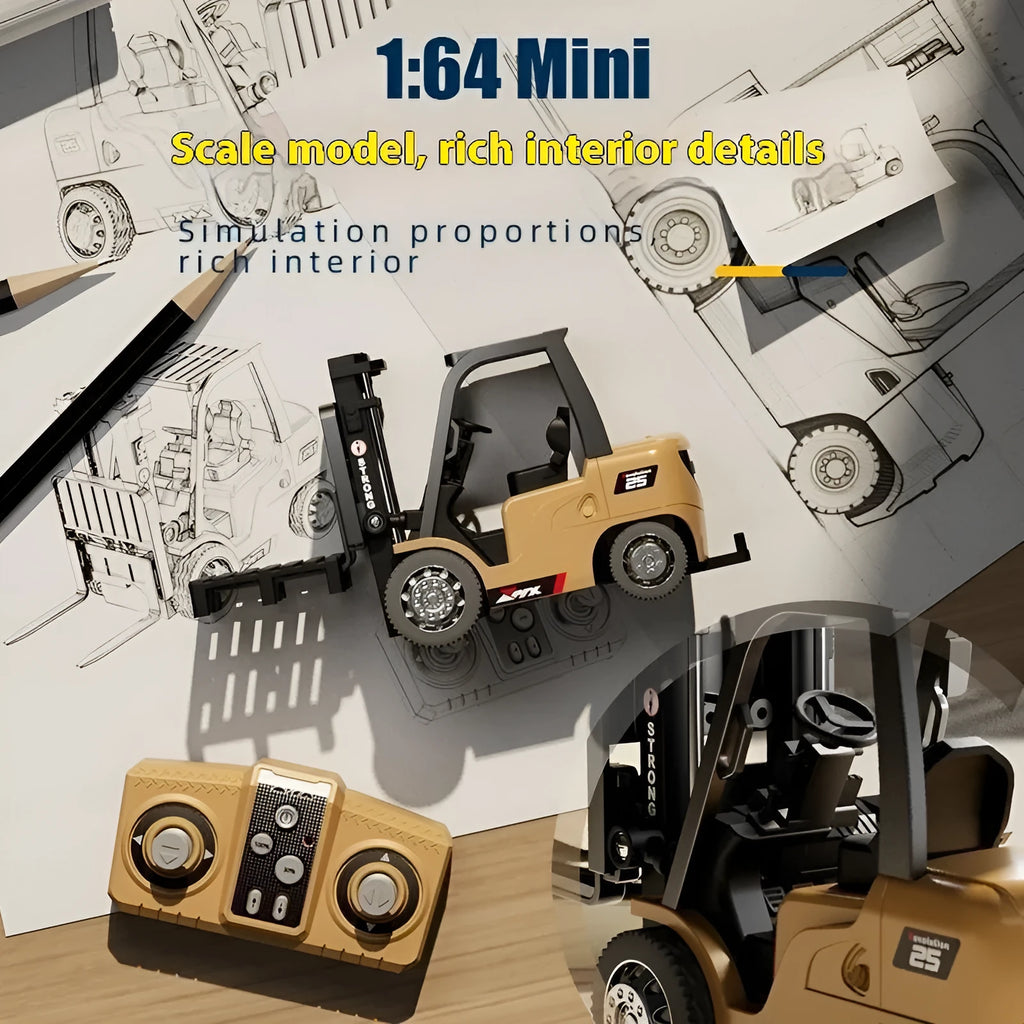 Miniature silver alloy remote control forklift toy with cargo hook on a pallet.