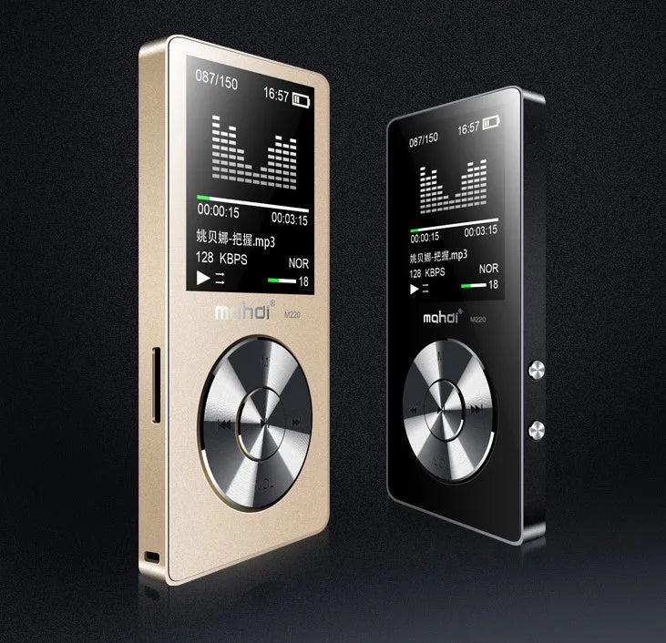 Gold, silver, or black metal MP3 music player with a 1.8 inch screen and key controls.