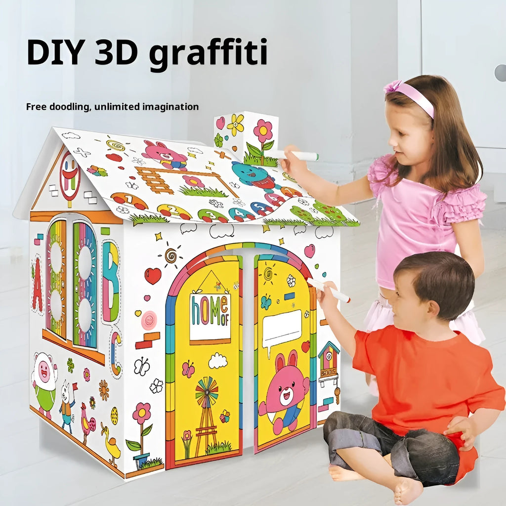Handmade DIY three-dimensional carton paper model colour filling toy kit with graffiti castle design