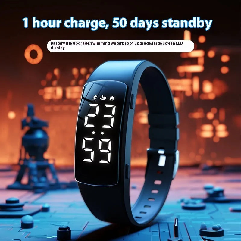 Vibration alarm smart watch with coloured silicone strap on a wrist, showing LED display.