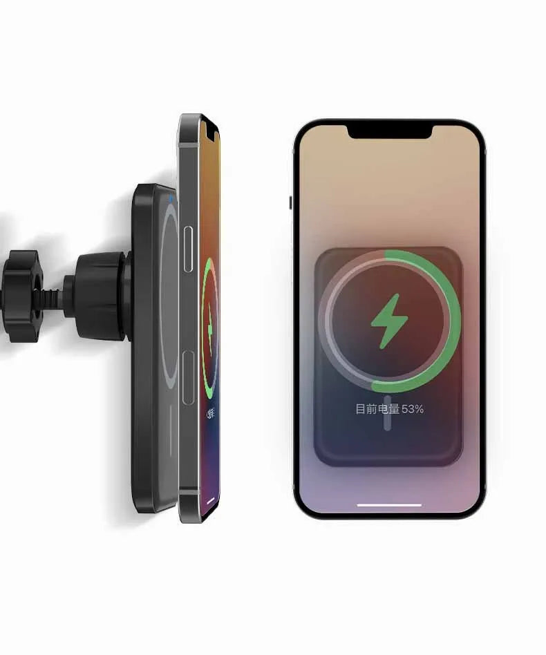 Black car magnetic wireless phone charger and air vent mount bracket showing Type-C port.