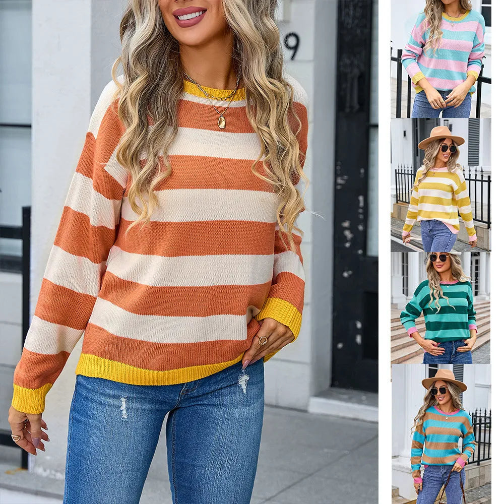 Women's loose long sleeve round neck acrylic sweater in striped or plaid pattern