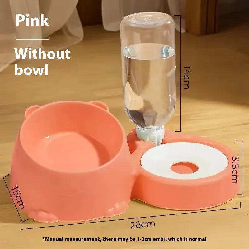 Double bowl automatic pet drinking basin in stainless steel and ceramic on a floor.