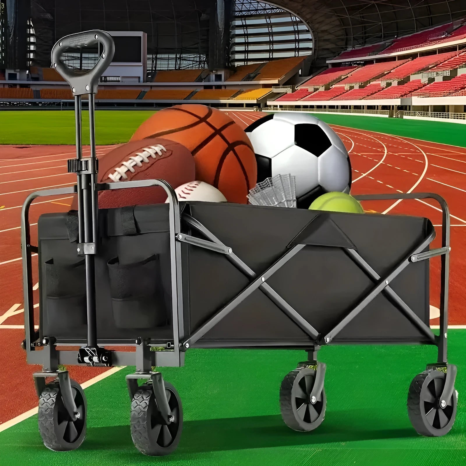 Collapsible foldable alloy garden cart with a heavy-duty metal frame and storage box.
