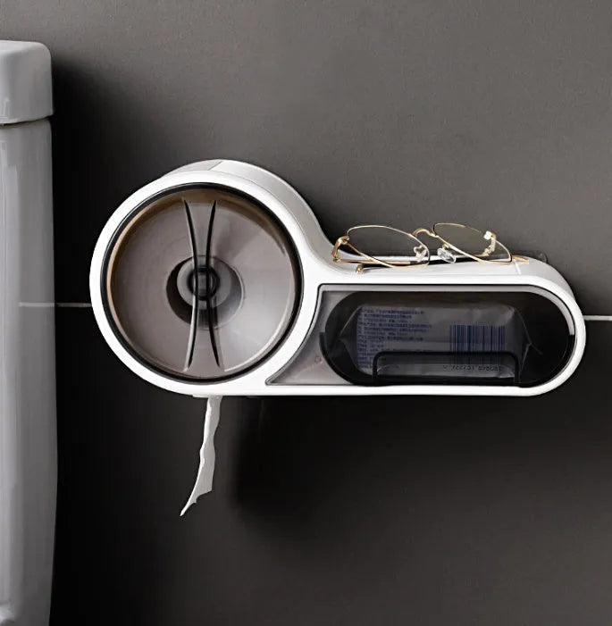 White plastic bathroom toilet roll holder with a streamline curve design on a wall