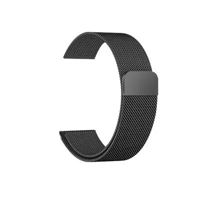 Stainless steel metal link bracelet strap for Apple Watch in silver, black, gold, and rose gold.