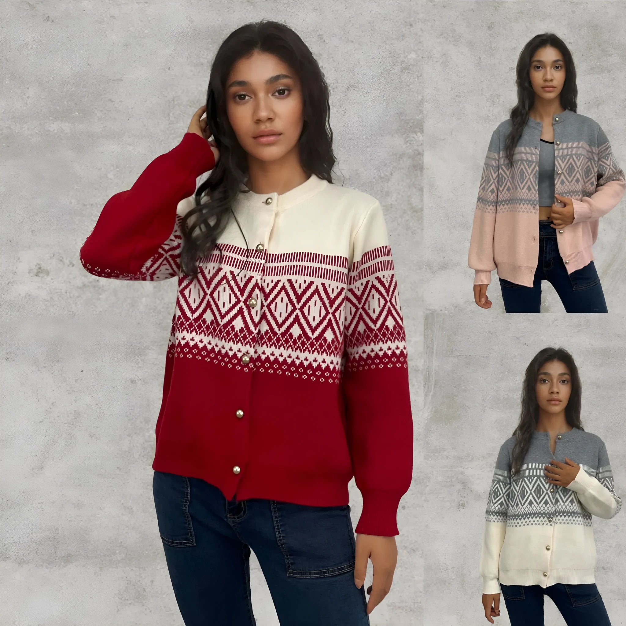 Women's grey alpaca wool sweater with diamond knit pattern and contrast colour panels