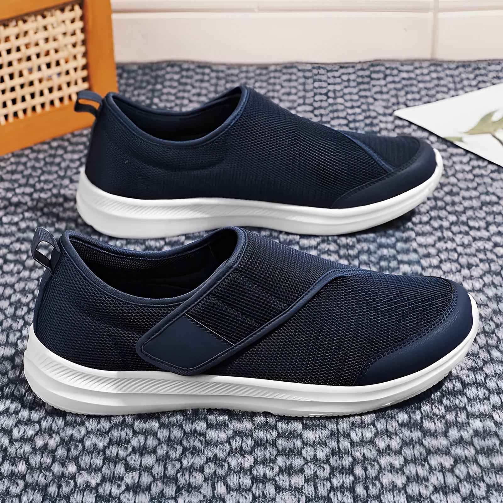 Summer walking shoes with mesh upper, flat heel, and Velcro fastening in black, grey, blue, or wine red.