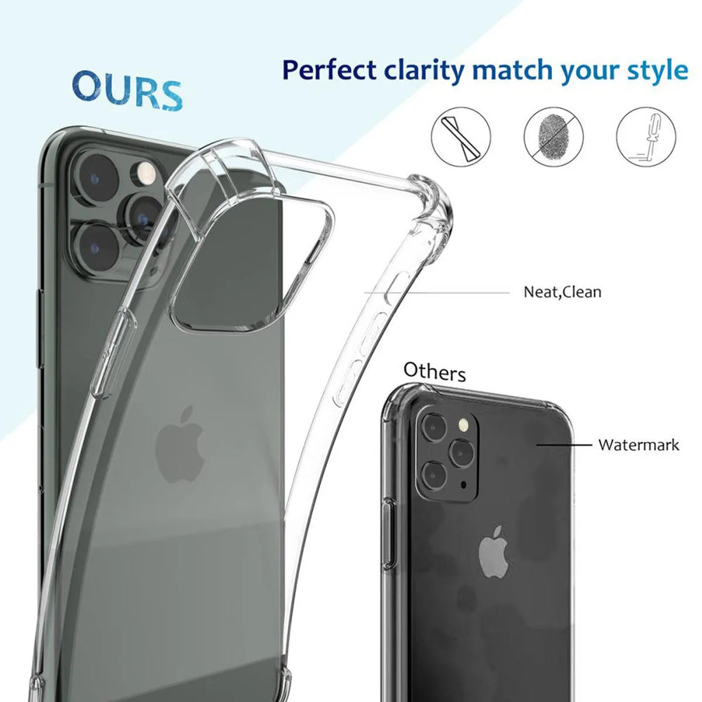 Clear transparent TPU shockproof phone case for various iPhone models on a table.