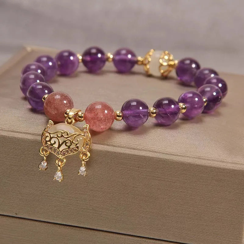 Handmade drop-shaped copper bracelet with a longevity lock charm and Ruyi design for women.