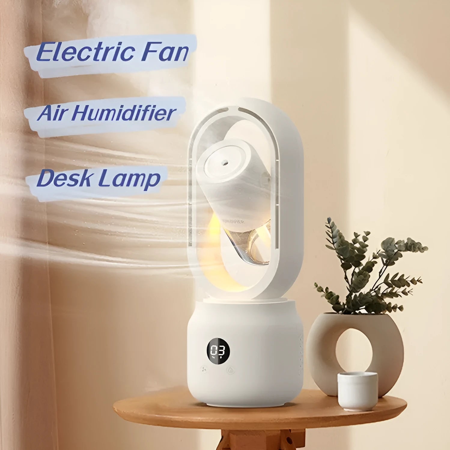 White bladeless table fan with humidifier tank on desk showing up-down oscillation