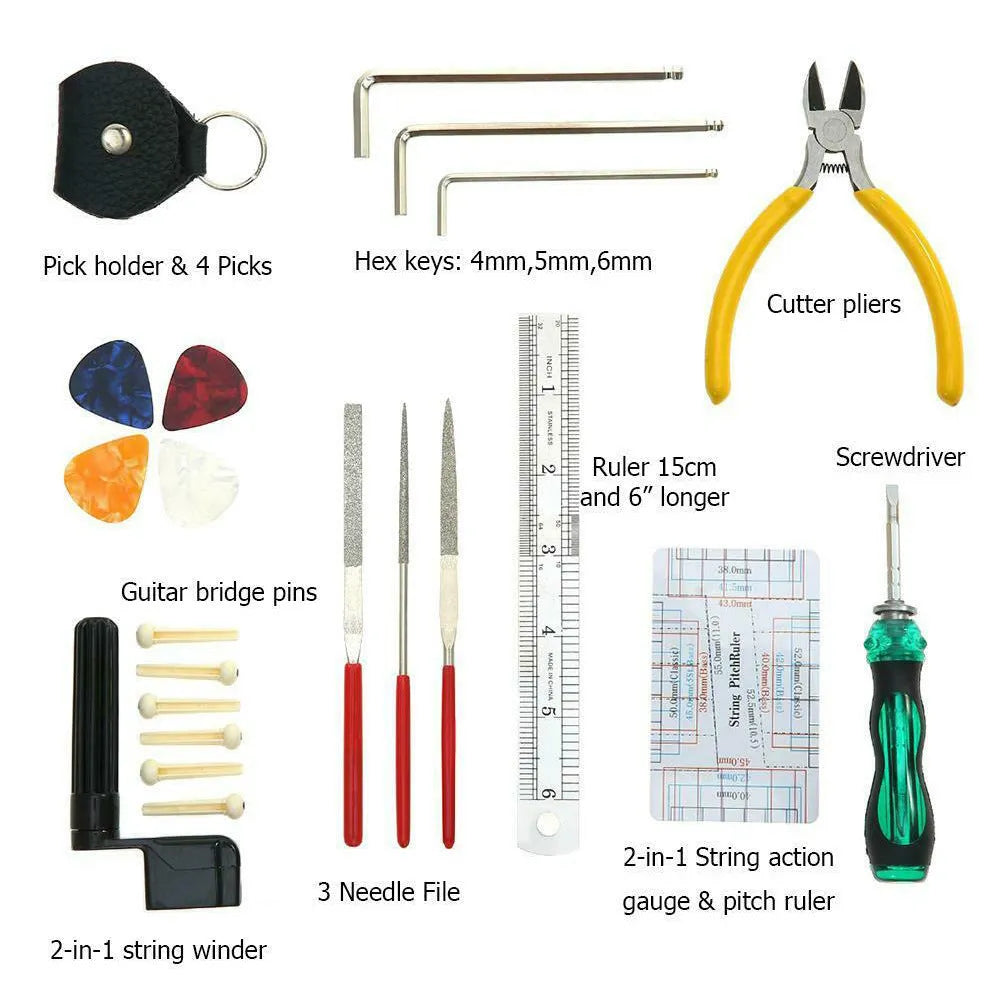 Black guitar repair tool kit open to show tools, next to an acoustic guitar.