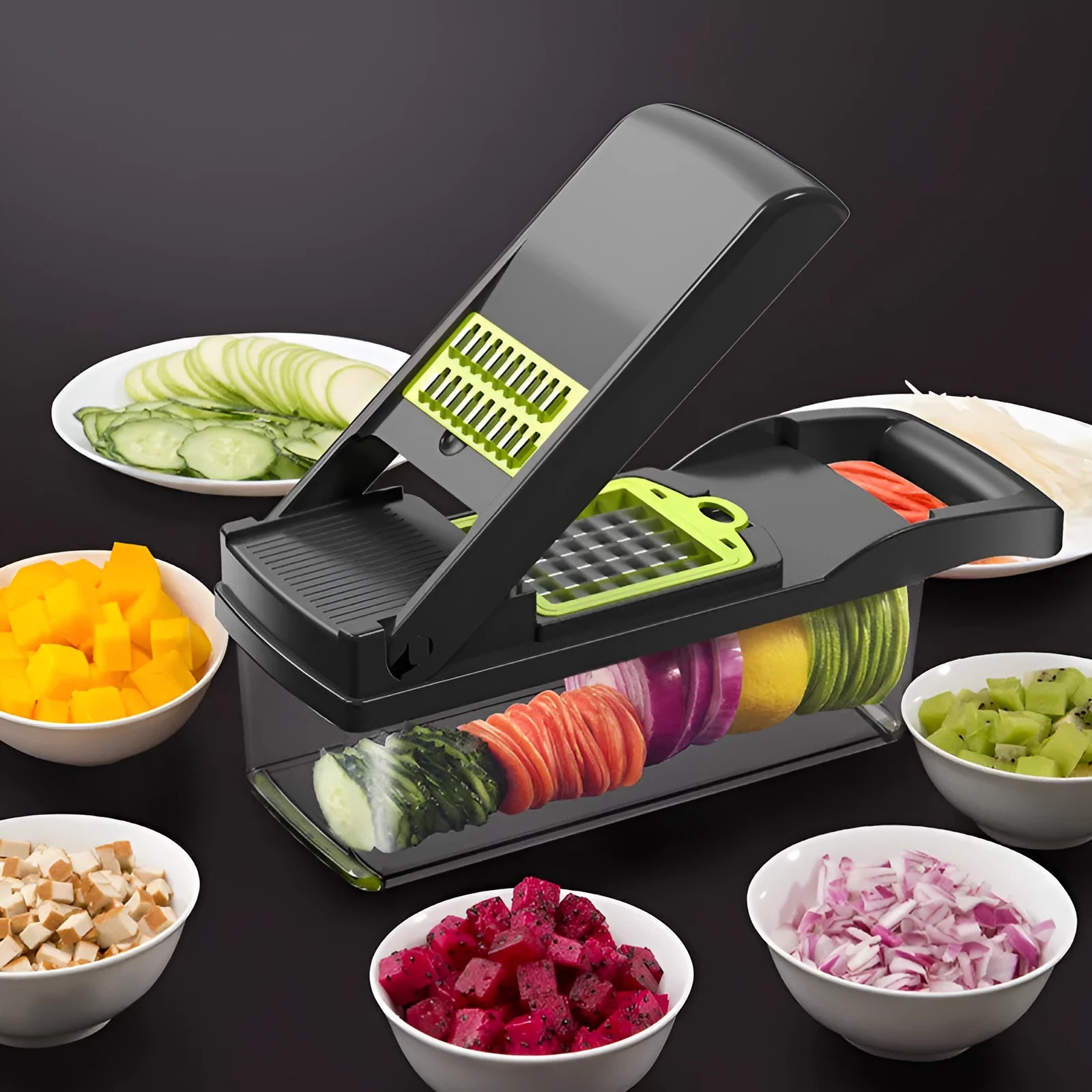 Multifunctional vegetable cutter with seven stainless steel blades on a kitchen counter