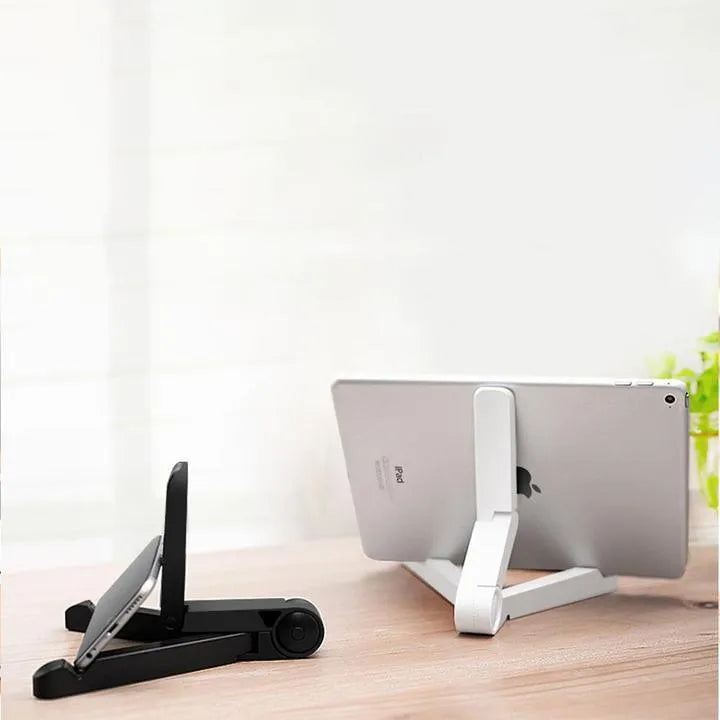 Black foldable tablet holder showing adjustable angles and rubber surface for device protection