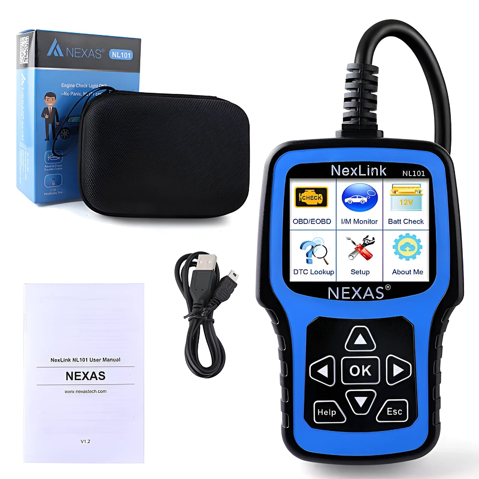 Nexas NL101 OBD2 car diagnostic scanner with display screen and USB connector.
