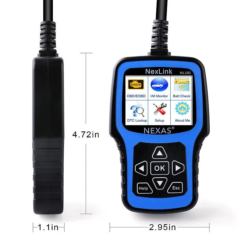 Nexas NL101 OBD2 car diagnostic scanner with display screen and USB connector.
