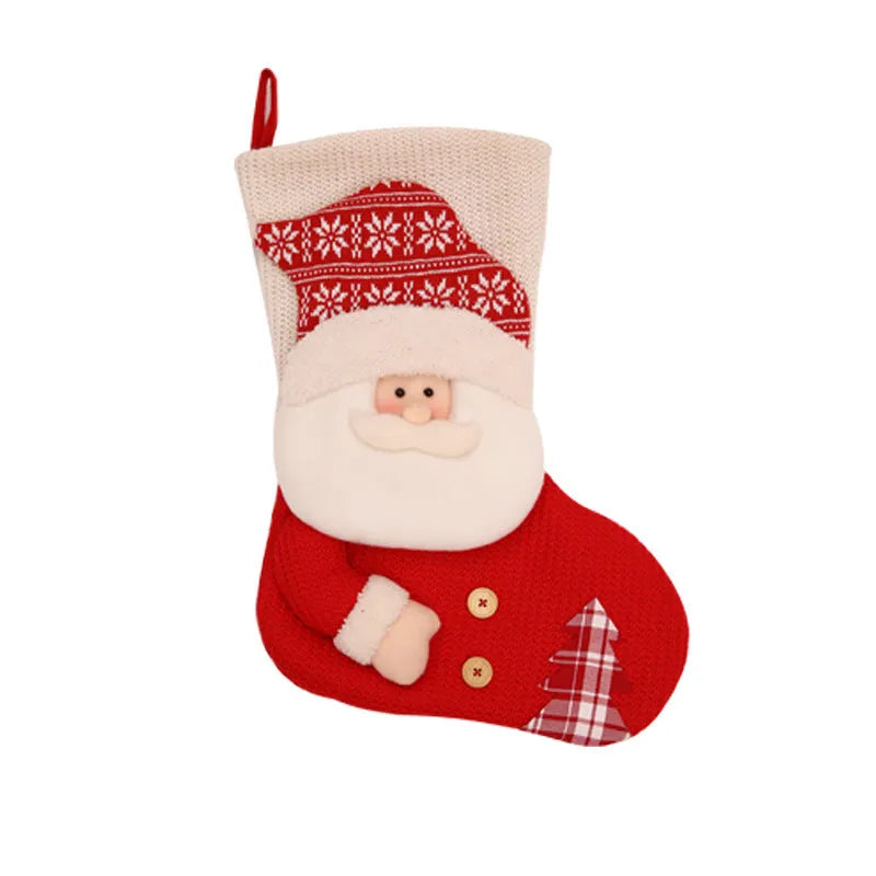 Large red white knitted Christmas stocking with Santa Claus design for fireplace decoration
