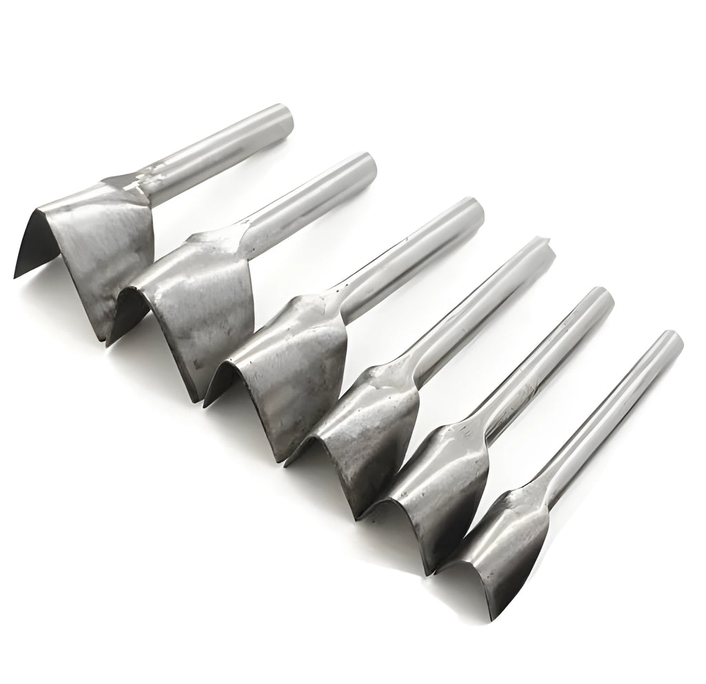 Six steel leather punch tools showing half-round and V-shaped ends in sizes from 15mm to 40mm.