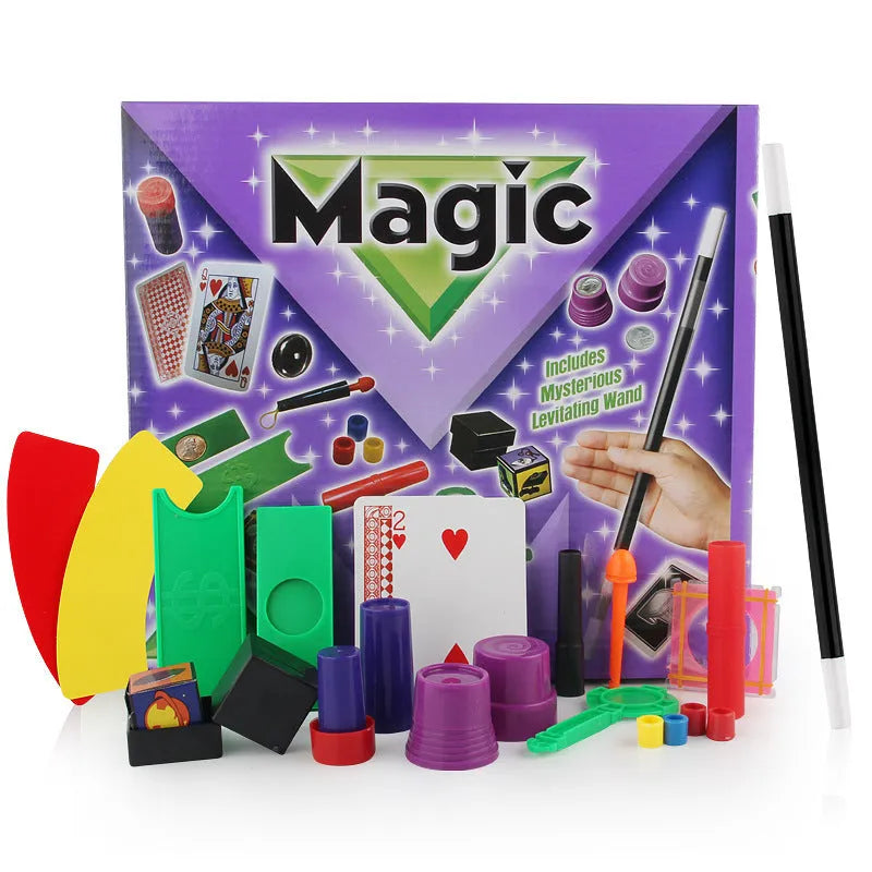 Purple and red plastic magic wand toy set for children aged 3-7 in cardboard packaging.