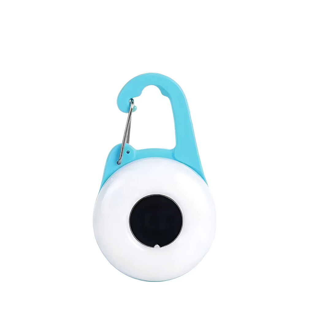 Blue USB rechargeable LED dog collar light with adjustable silicone strap shown on a collar.