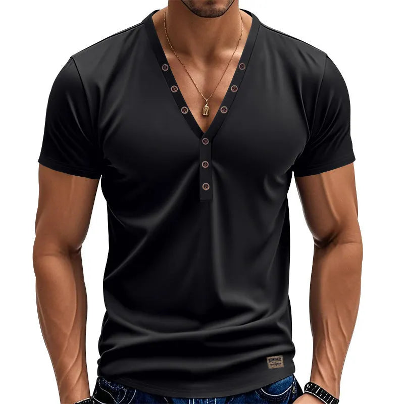 Men's loose fit V-neck pullover top with button detail in a light blue colour