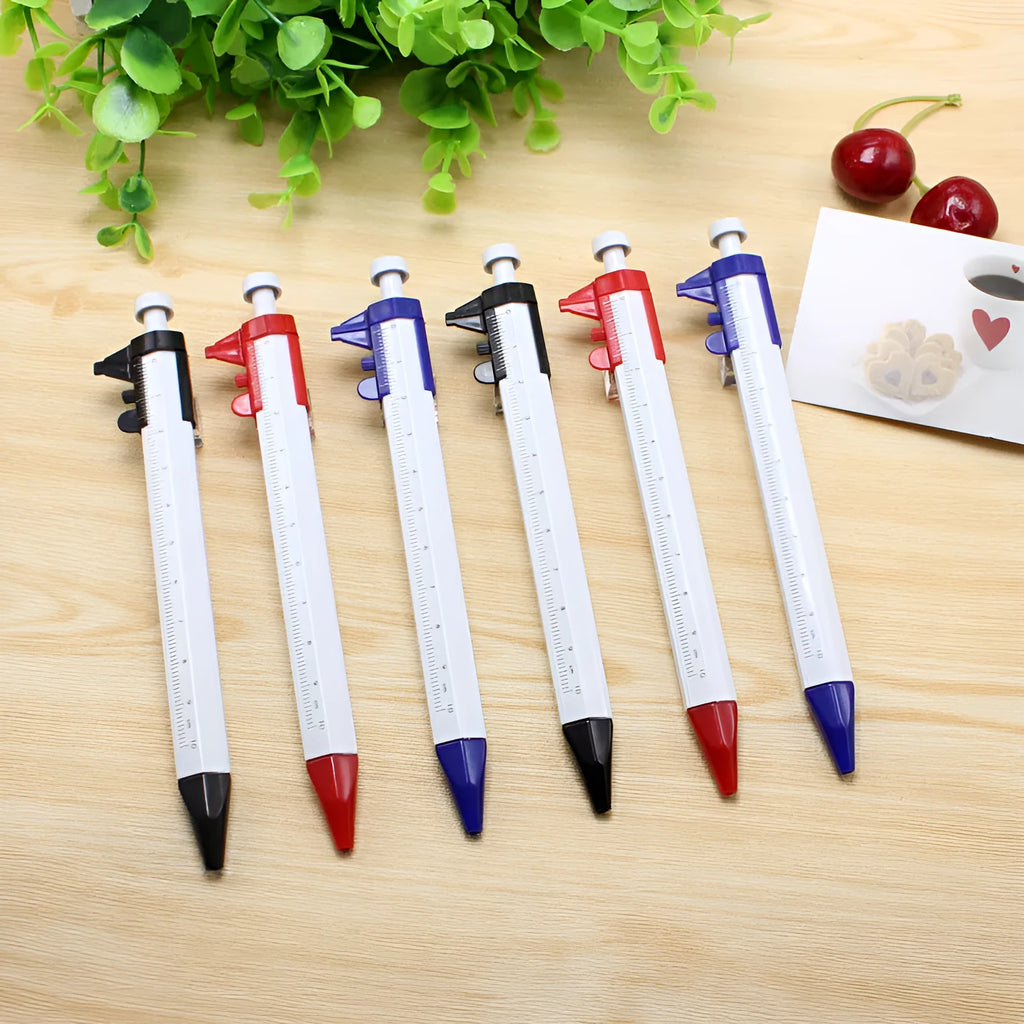 15cm long multifunction ballpoint pen with vernier caliper scale in orange, blue, red, green, black, or silver.