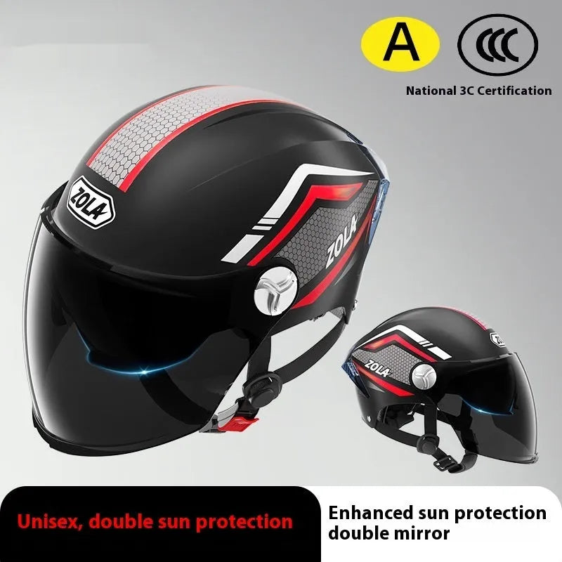 A light brown 3C certified motorcycle half helmet with a double mirror visor on a stand.