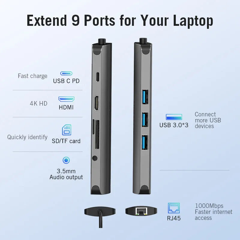 Deep grey USB-C to HDMI, Ethernet, and USB 3.0 multi-port hub on a desk.