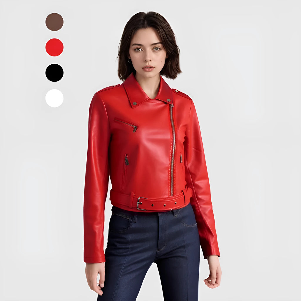 Women's short black PU leather jacket with waist belt on hanger