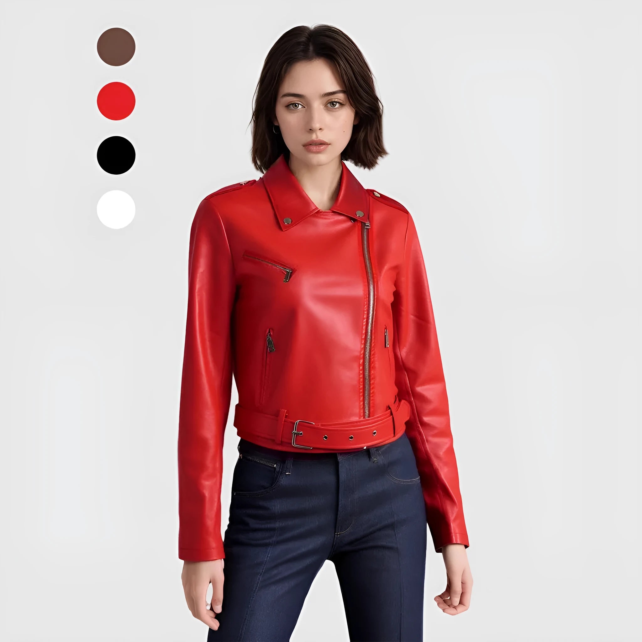 Women's short black PU leather jacket with waist belt on hanger