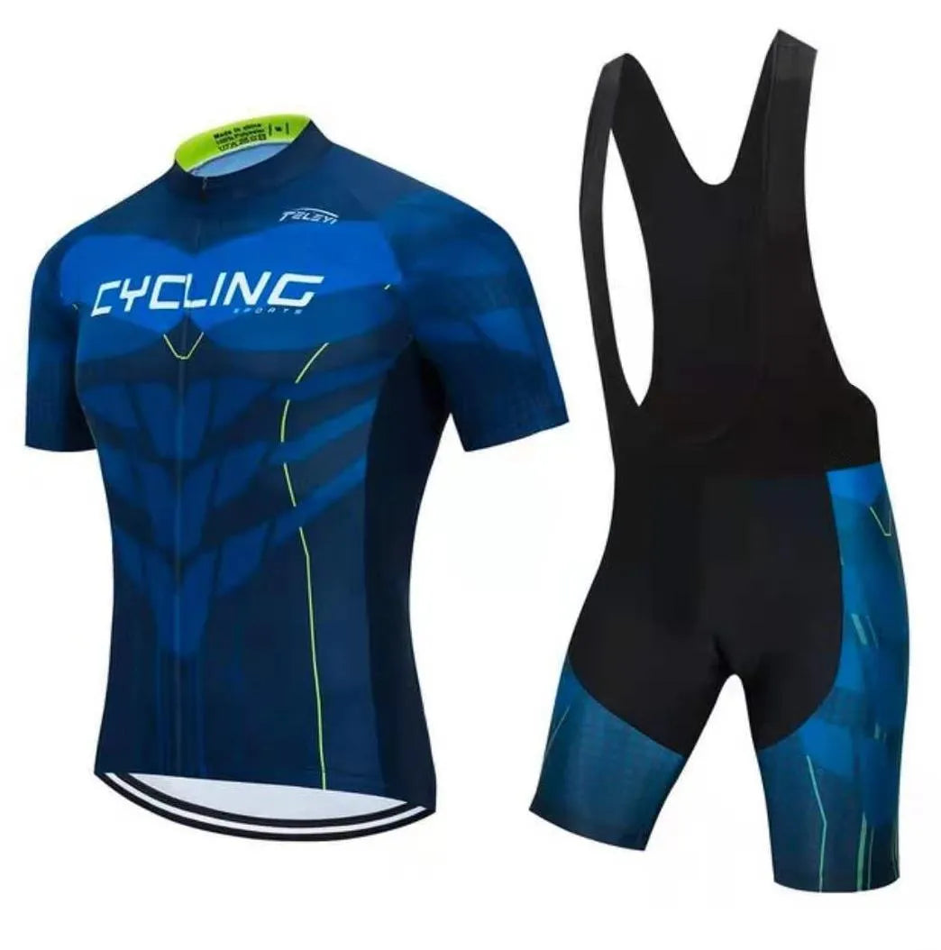 Cycling jersey and shorts set for summer road and mountain bike riding with moisture wicking properties