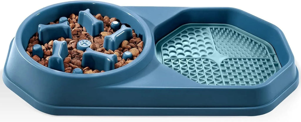 Blue slow feeder dog bowl with raised maze pattern for anti-gulping eating