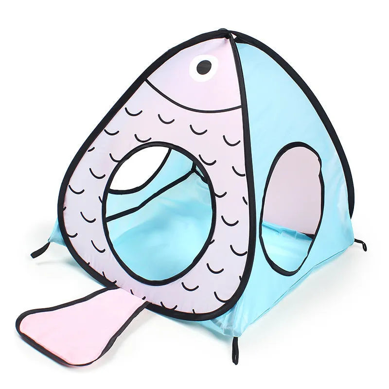 Foldable cat tent and tunnel toy set with cat and fish design in blue and orange colours