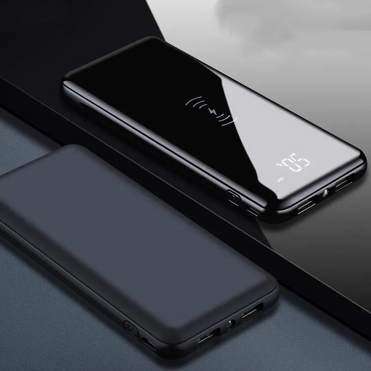 Multifunctional mirror wireless charger with lithium battery in mirror finish on desktop