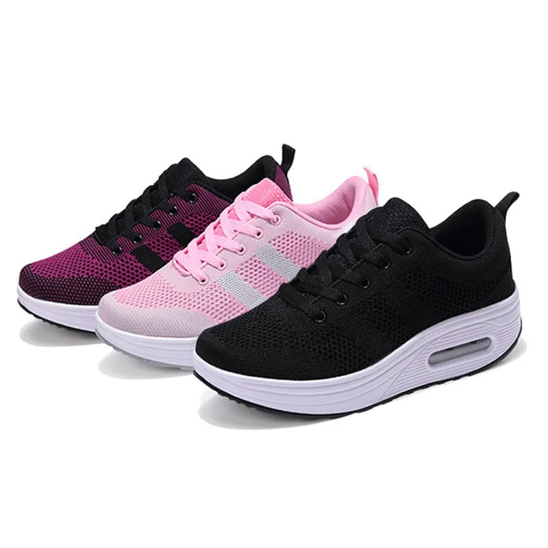 Women's solid colour platform casual shoes with flyknit upper, T-shaped ribbon, and vulcanised sole.