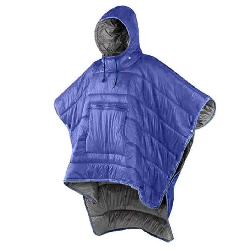 Army Green wearable cloak sleeping bag for adults laid flat, showing 200x140cm size and cape design.