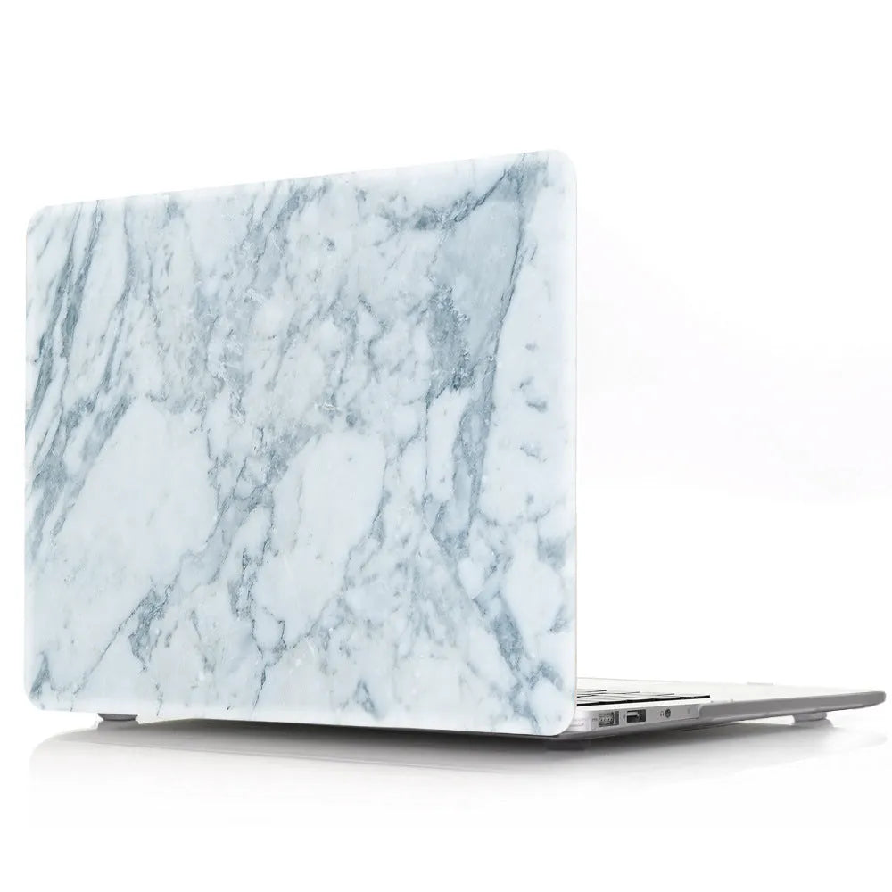 Plastic marble finish protective case for a MacBook laptop in light blue colour.