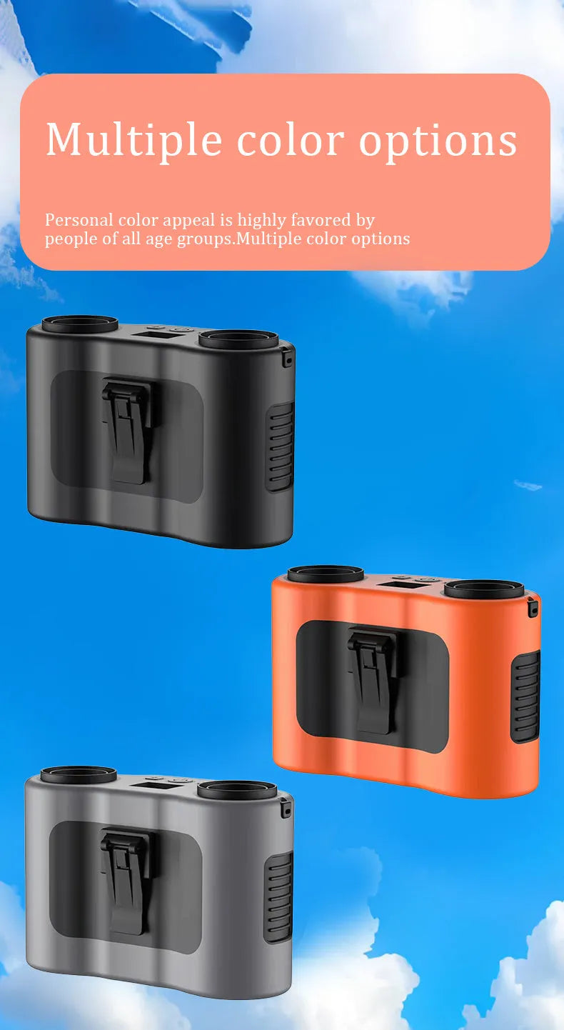 Black waist-hung portable personal fan with neck lanyard, shown in hand-held and hanging modes.