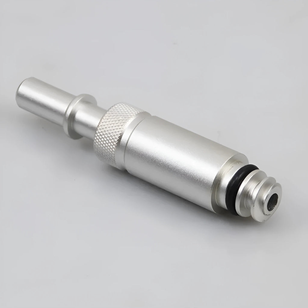 Silver metal transmission refueling joint adapter for VAS6262-9 procedure on white background.