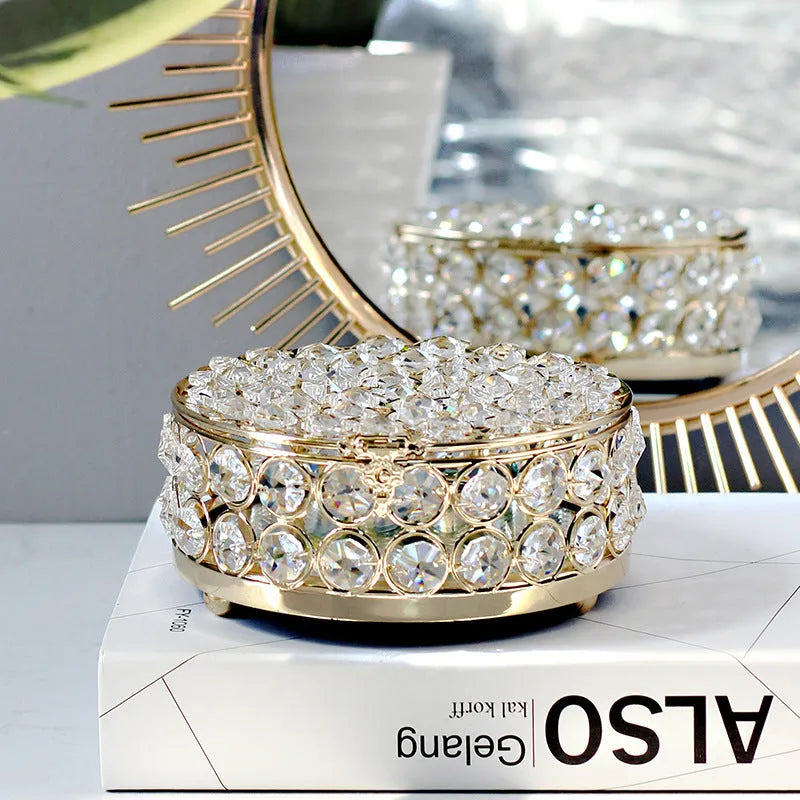 European-style French gold iron jewellery storage box with a transparent crystal glass lid.
