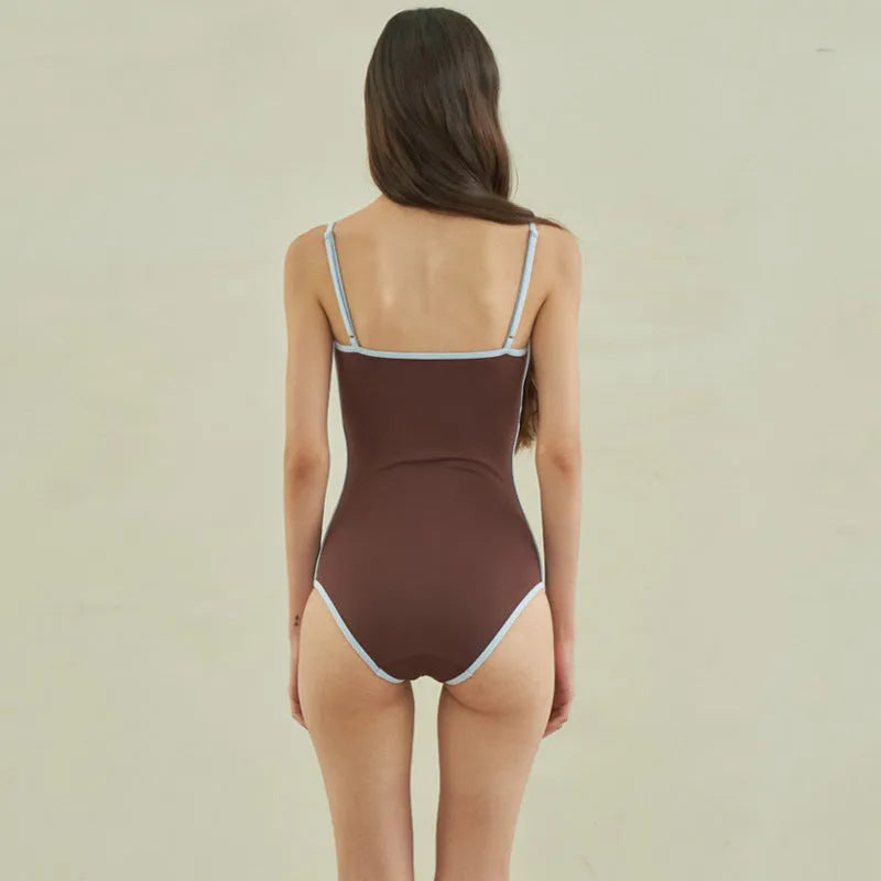 Brown women's triangle one-piece swimsuit with sexy pattern style