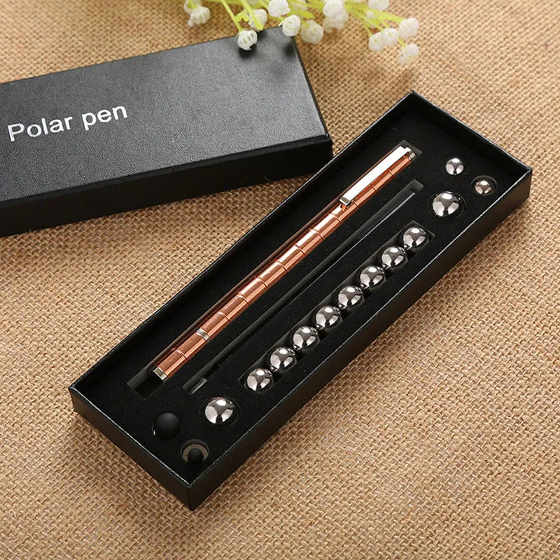 Magnetic modular pen set in silver iron box with 13 rings, 12 balls, 3 refills, 2 capacitor heads, and upgraded magnets