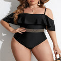 Black solid colour one-piece swimsuit for women in plus sizes on a mannequin.