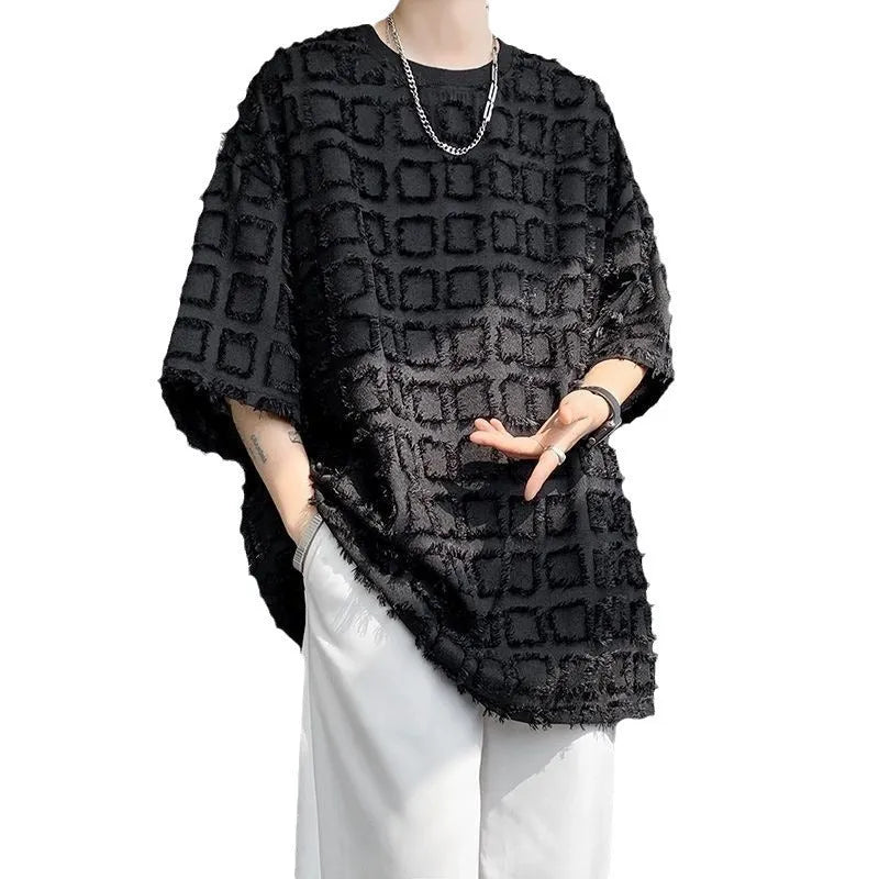 Men's T-shirt Cool Style High-end Black Short Sleeve Pullover Synthetic Fiber Blend Jacquard Top for Daily Occasion Loose Fit Asian Sizes M to 3XL