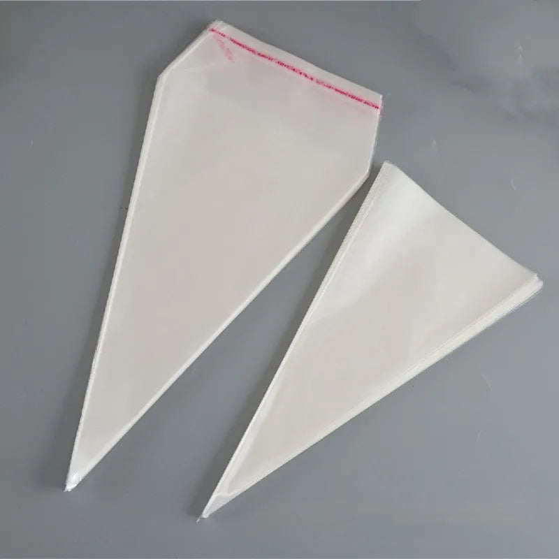 Clear triangle-shaped plastic packaging bag with a twisted top secured by a white tie wire.