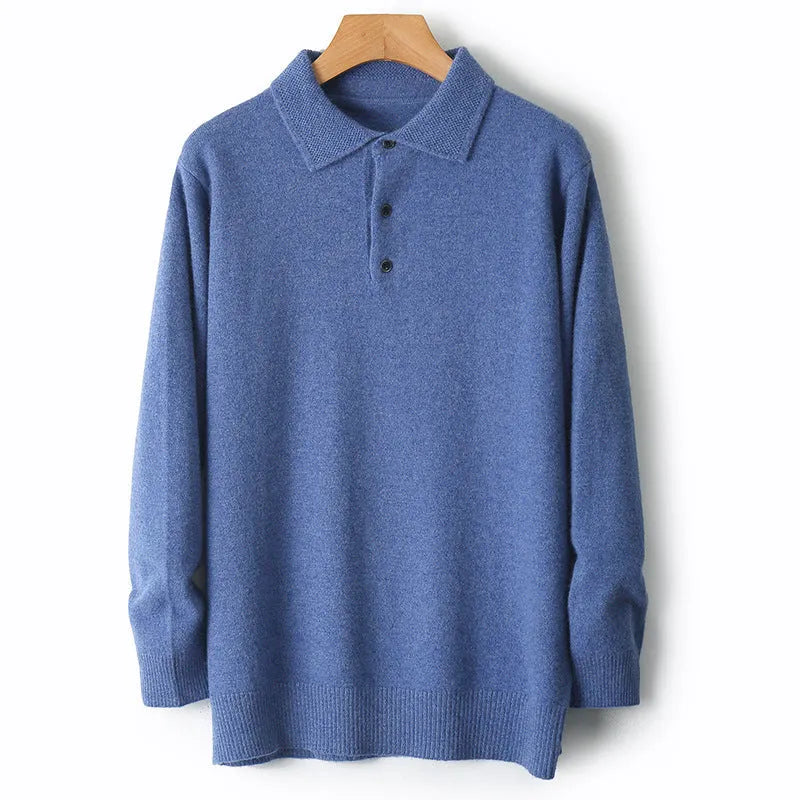 Men's polo collar wool sweater in noble blue colour showing long sleeves and knit texture