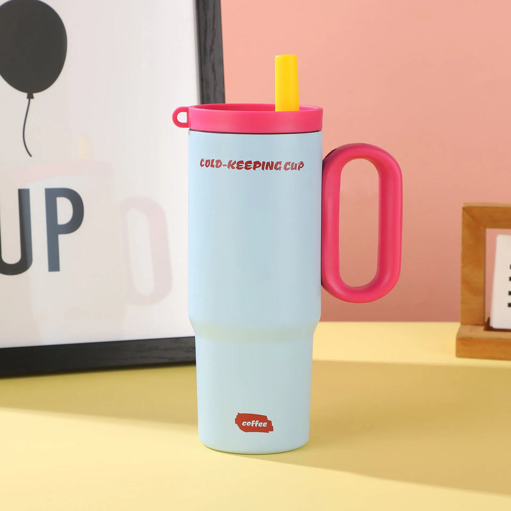 Large portable straw cup with handle in black, pink, sky blue, white, or yellow.