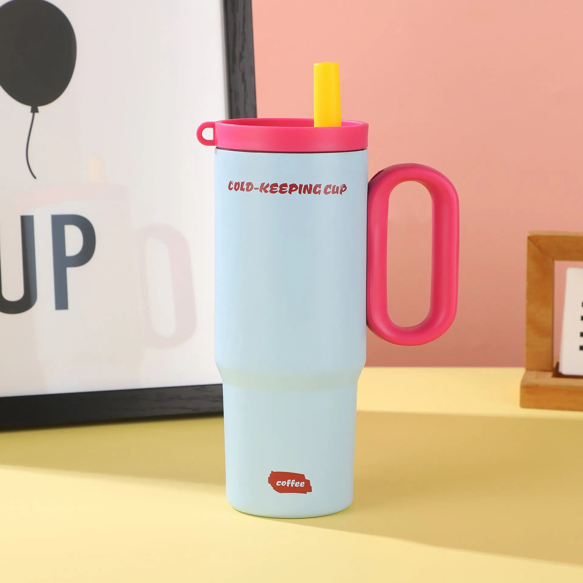 Large portable straw cup with handle in black, pink, sky blue, white, or yellow.