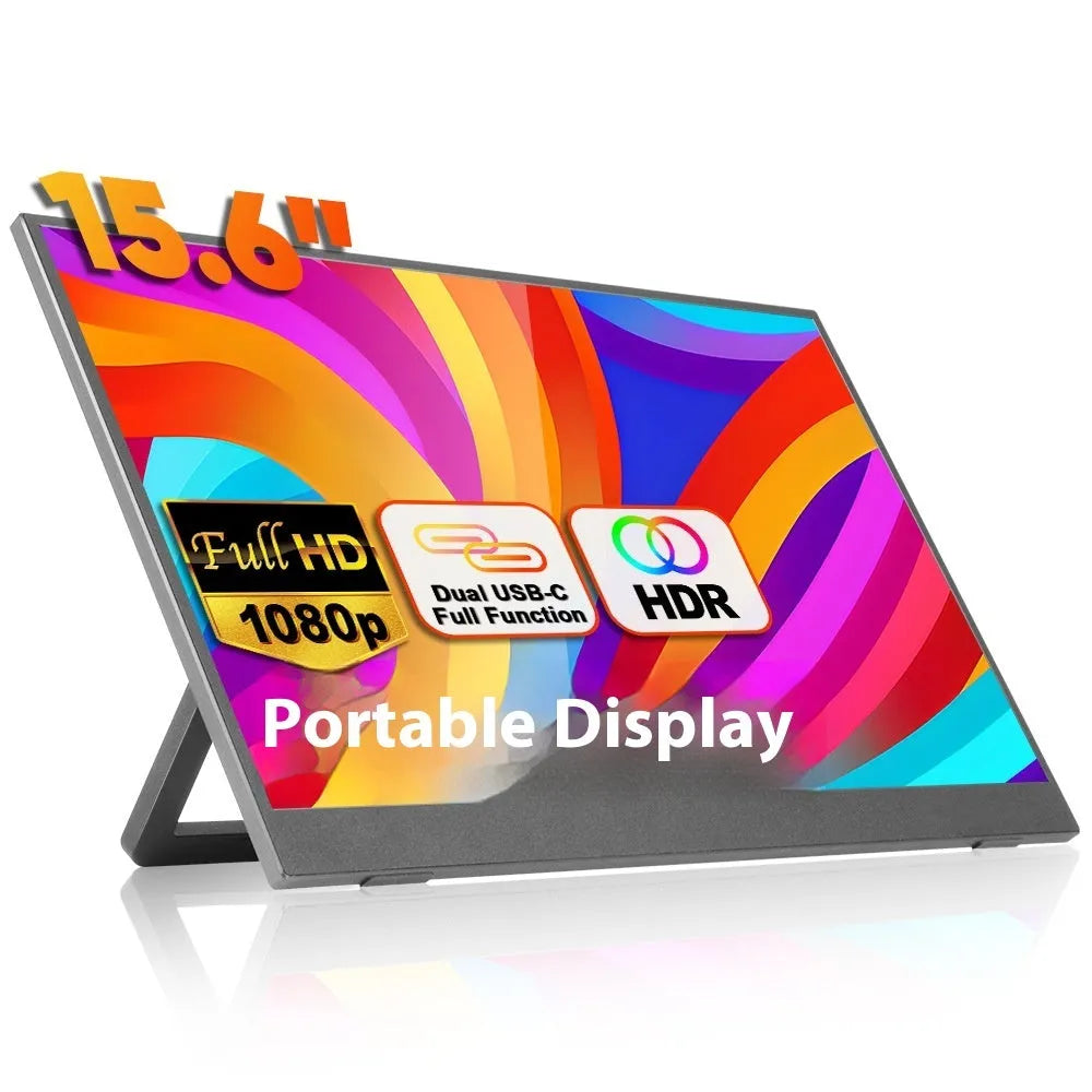 Black 15.6-inch portable monitor with adjustable stand on a desk, showing spreadsheet application