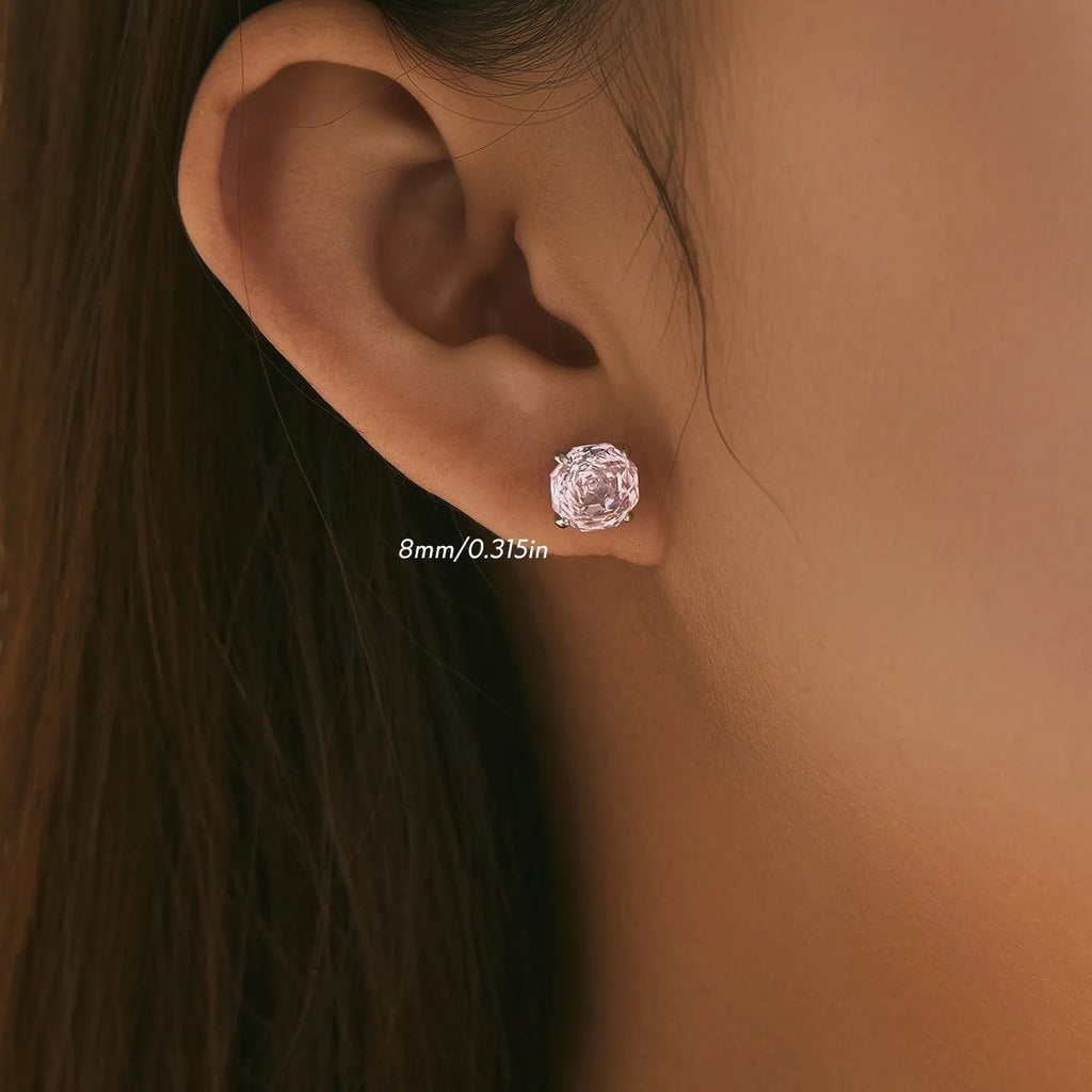 Pink S925 sterling silver rose stud earrings for women in 6mm and 8mm sizes with alloy posts.